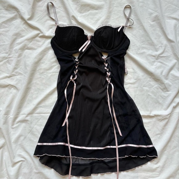 Ann Summers Black and White Pinstripe Pink Ribbon Sheer Corset Top Dress - Picture 1 of 4